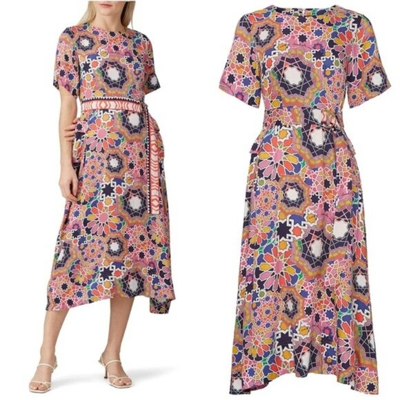 Emily Lovelock Karina Belted Midi Dress 8 Multicolor Geometric Pockets - Picture 1 of 12